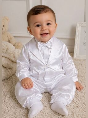 Lito Baby Boys White Satin Tuxedo Romper Christening Baptism Outfit Sz L 6-9 mos